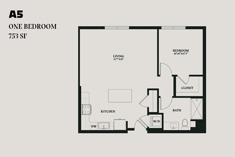 Floor plan for 1 bed, 1 bath, 753 sqft